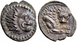 Wroikos, circa 350. Obol circa 350, AR 0.56 g. Head of lion r. Rev. Forepart of lion r., head facing. Traité II 1276 and pl. CXXXIII, 17. BMC –. Tziam...