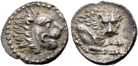 Wroikos, circa 350. Obol circa 350, AR 0.62 g. Head of lion r. Rev. Forepart of lion r., head facing. Traité II 1276 and pl. CXXXIII, 17. BMC –. Tziam...