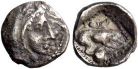 Citium, Uncertain king, circa 525-479. Hemiobol circa 525-479, AR 0.34 g. Head of Heracles r., wearing lion skin headdress. Rev. Lion r., pulling down...