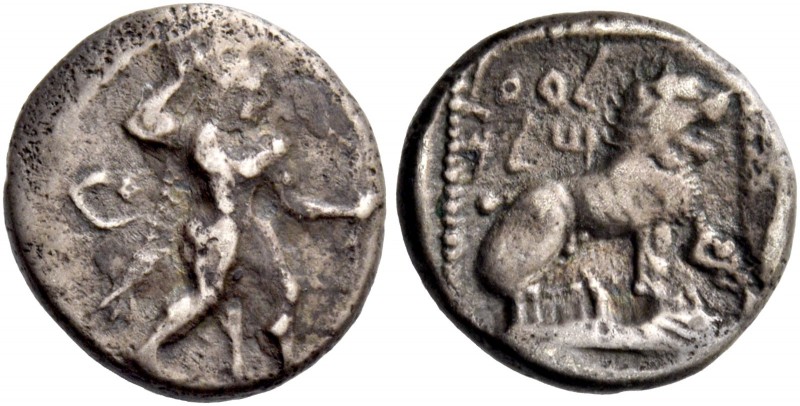 Baalmilk I, 479-449. 1/6 siglos circa 479-449, AR 1.58 g. Heracles advancing r.,...