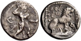 Baalmilk I, 479-449. 1/6 siglos circa 479-449, AR 1.58 g. Heracles advancing r., wearing lion’s skin, holding club in r. hand and bow in l. Rev. l B’l...