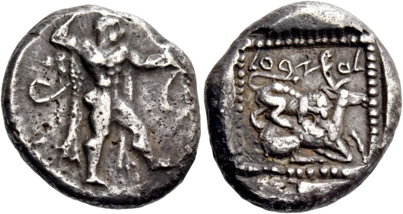 Ozibaal, 449-425. Siglos circa 449-425, AR 10.62 g. Heracles advancing r., weari...