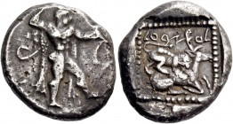 Ozibaal, 449-425. Siglos circa 449-425, AR 10.62 g. Heracles advancing r., wearing lion’s skin and holding club in r. hand and bow in l. Rev. l’zb’l i...