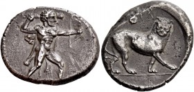 Melakiathon, 392 – 361. Siglos circa 392 – 361, AR 10.35 g. Heracles advancing r., wearing lion’s skin and holding in r. hand club and bow in l. Rev. ...