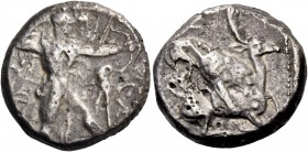 Melakiathon, 392 – 361. Siglos circa 392-361 BC, AR 10.32 g. Heracles advancing r., wearing lion’s skin and holding club in r. hand and bow in l.; in ...
