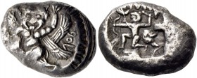 Lapethus, king AB or an uncertain mint in Cyprus circa 490. Siglos circa 490, AR 9.92 g. Gorgoneion advancing l. Rev. Heracles advancing l., holding i...
