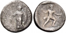 Demonikos II, 388 – 387. 1/6 siglos circa 388-387, AR 1.57 g. Athena standing facing, head l., holding spear in r. hand and shield in l. Rev. Heracles...