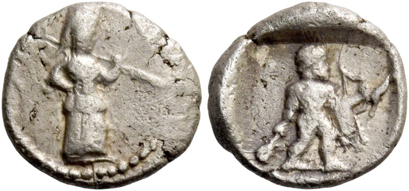 Demonikos II, 388 – 387. 1/12 siglos circa 388-387, AR 0.86 g. Athena standing r...
