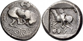 Marium, Sasmas (?), 450. Siglos 450, AR 10.99 g. sa sa ma o to ka ro to sa in Cypriot characters. Lion standing r., licking forepaw: above, double axe...