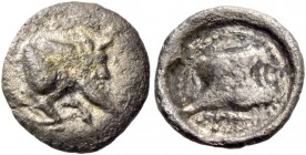 Paphos, Uncertain king, 525 – 480. 1/12 siglos circa 525-480, AR 0.66 g. Forepart of man-faced bull crouching r. Rev. Astragalos. Traité II –. BMC 3 a...