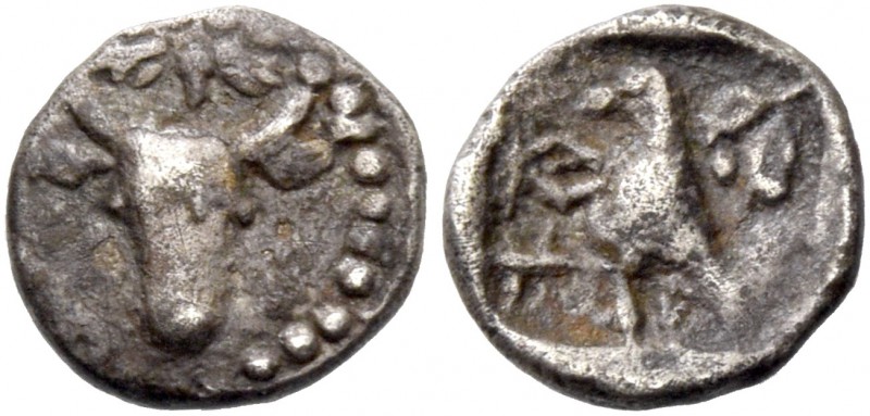 Pnytos (?), circa 500-480. 1/24 siglos 500-480, AR 0.39 g. Facing head of bull. ...