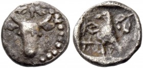 Pnytos (?), circa 500-480. 1/24 siglos 500-480, AR 0.39 g. Facing head of bull. Rev. ba pu in Cypriot characters. Eagle standing l., in r. field, oliv...