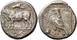 Stasandros, circa 460. Siglos circa 460, AR 10.97 g. Bull standing l.; above, solar disk and in l. field, ankh. In exergue, palmette. Rev. ba si sa ta...