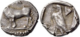 Stasandros, circa 460. 1/6 siglos circa 460, AR 1.66 g. Bull standing l; above, winged solar disk. Rev. Eagle standing l.; in l. field, vase and in r....