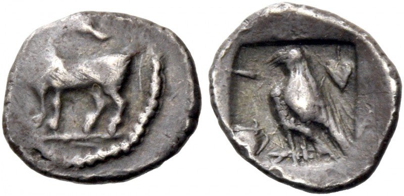 Stasandros, circa 460. 1/48 siglos circa 460, AR 0.39 g. Bull standing l; above,...