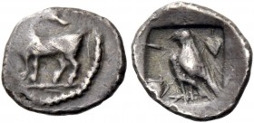 Stasandros, circa 460. 1/48 siglos circa 460, AR 0.39 g. Bull standing l; above, winged solar disk. Rev. Eagle standing l.; in l. field, vase and in r...
