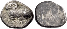 Salamis, Evelthon, 525 – 500. 1/6 siglos circa 525-500, AR 1.65 g. [e-u-we] / le-to-ne in Cypriot characters Ram lying l. Rev. Smooth. Traité II –. BM...