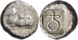 Evelthon’s successors, 500 – 478. Siglos circa 500-478, AR 11.27 g. [e u ve le] in Cypriot characters Ram lying l. Rev. ku in Cypriot characters Ankh;...