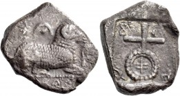 Gorgos (?). Siglos circa 500-480, AR 10.61 g. [e u ve le to to se] in Cypriot characters. Ram lying r.; above, inverted crescent. Rev. ba [..] se le [...