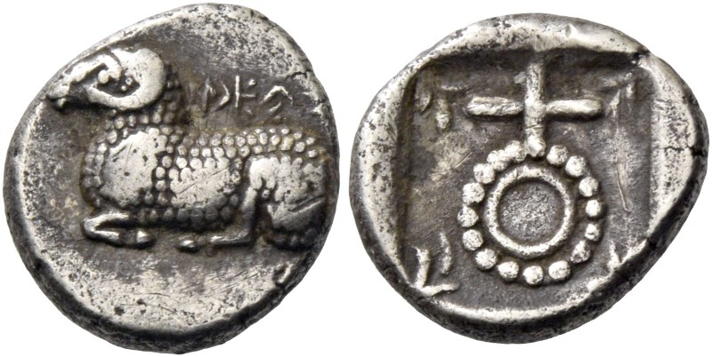 Gorgos (?). 1/6 siglos circa 500-480, AR 1.83 g. [ba] si e u in Cypriot characte...