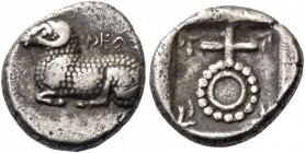 Gorgos (?). 1/6 siglos circa 500-480, AR 1.83 g. [ba] si e u in Cypriot characters Ram lying l. Rev. Ankh; in each corner, spray of leaves. All within...