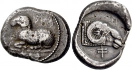 Euanthes, circa 450 (?). Siglos circa 450, AR 11.11 g. [e u wa te o se] in Cypriot characters. Ram lying l. Rev. ba in Cypriot characters. Ram’s head....