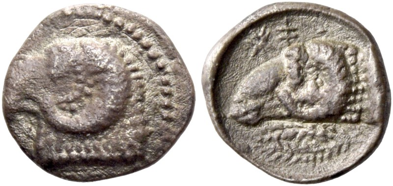 Euanthes, circa 450 (?). 1/12 siglos circa 450, AR 0.75 g. Head of ram l. Rev. b...