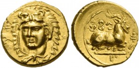 Evagoras I, 411 – 373. 1/4 stater, Salamis circa 411-374, AV 2.01 g. u-va-ko-ro in Cypriot characters. Youthful head of Heracles wearing lion skin hea...
