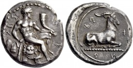 Evagoras I, 411 – 373. Siglos circa 411-373, AR 11.10 g. e u va ko ro in Cypriot characters. Heracles seated r. on a rock covered with a lion’s skin, ...