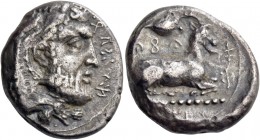 Evagoras I, 411 – 373. Siglos circa 411-373, AR 10.70 g. e u va ko ro in Cypriot characters. Head of Heracles r., wearing lion skin headdress. Rev. ba...