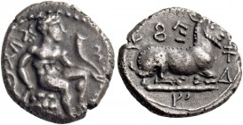 Evagoras I, 411 – 373. 1/3 siglos circa 411-373, AR 2.97 g. eu va go ro in Cypriot characters. Heracles seated on rock, on which is spread lion’s skin...