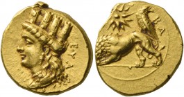 Evagoras II, 361 – 351. Stater circa 361-351, AV 8.32 g. EYA; Turreted head of Aphrodite l. Rev. BA Lion standing l., devouring prey; eagle on its bac...