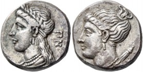 Pnytagoras, 351 – 332. Didrachm circa 351-332, AR 6.97 g. ΠN; Wreathed and draped bust of Aphrodite l., wearing earring and necklace. Rev. [BA] Bust o...