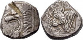 Uncertain mints. Siglos circa 515-485, AR 11.22 g. Head of lion l., with open mouth. Rev. ba si in Cypriot characters. Head of bull l.; in l. field, b...