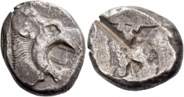 Uncertain mints. Siglos circa 515-485, AR 11.22 g. Head of lion r., with open mouth. Rev. Incuse punch. Traité II –. BMC p. xlvi and pl. XXV, 11 (Golg...