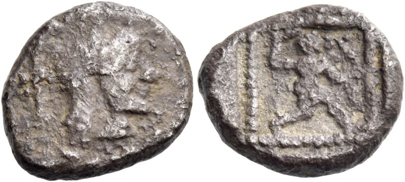 Uncertain mints. 1/3 siglos late VI-early V century, AR 3.62 g. Bearded head r. ...