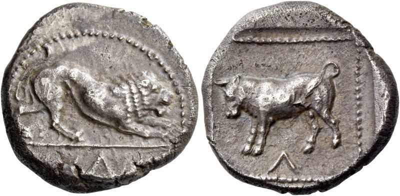 Uncertain mints. Siglos circa 480, AR 10.81 g. Lion crouching r.; in exergue, go...
