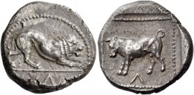 Uncertain mints. Siglos circa 480, AR 10.81 g. Lion crouching r.; in exergue, go or ko in Cypriot characters. Rev. Bull standing l.; below, go or ko i...