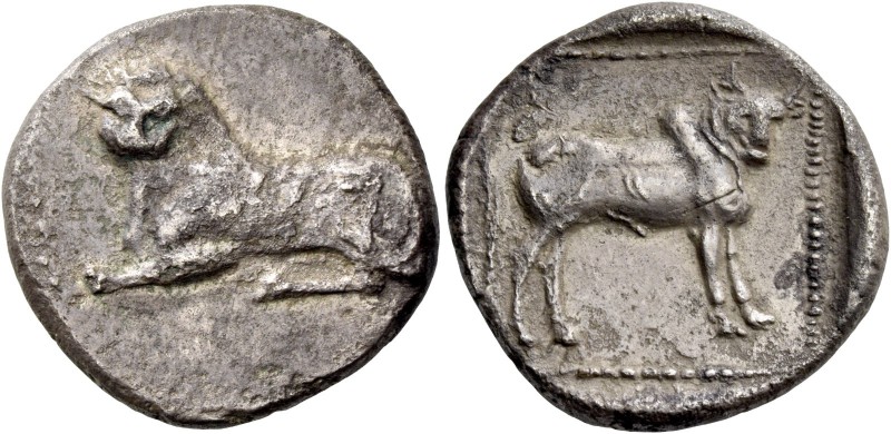 Uncertain mints. Siglos circa 480, AR 10.03 g. Lion lying l. Rev. Bull standing ...