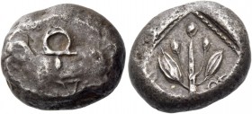 Uncertain mints. Siglos mid-late V century, AR 10.81 g. Ram lying l.; above, ra in Cypriot characters. Rev. Branch with leaves and berries. All within...