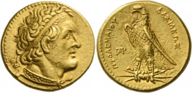 Ptolemy I Soter as king, 305–285. Pentadrachm, Alexandria circa 294-285 AV 17.82 g. Diademed head r., with aegis around neck. Rev. BAΣIΛEΩΣ – ΠTOΛEMAI...