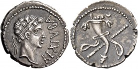 Juba II with Cleopatra Selene, 25 BC – AD 24. Denarius, Caesarea circa 11-23, AR 2.87 g. REX IVBA Diademed head r. Rev. Cornucopiae and transverse sce...