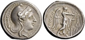 Didrachm, Roma or an uncertain mint in Southern Italy circa 265-242, AR 6.42 g. Head of Roma r., wearing Phrygian helmet; behind, sword in scabbard wi...