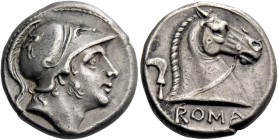 Didrachm circa 241-235, AR 6.53 g. Helmeted head of beardless Mars r., bowl decorated with griffin. Rev. ROMA Bridled horse's head r.; behind, sickle....
