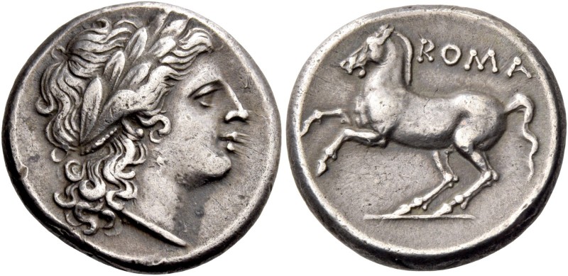 Didrachm circa 234-231, AR 6.61 g. Laureate head of Apollo r. Rev. Horse prancin...