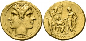 Stater circa 218-216, AV 6.84 g. Laureate Janiform head of the Dioscuri. Rev. Oath taking scene with two warriors, one Roman and the other representin...