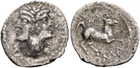 Litra, Spanish mint (?) circa 225-212, AR 0.75 g. Laureate Janiform head of Dioscuri. Rev. Horse prancing r.; below, ROMA. RBW 73. Crawford 28/5. Hist...