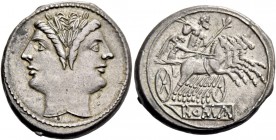 Quadrigratus, uncertain mint circa 225-214, AR 6.17 g. Laureate Janiform head of Dioscuri. Rev. Jupiter, holding sceptre and hurling thunderbolt, in f...