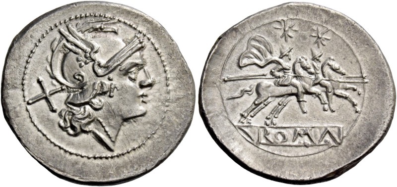 Denarius circa 214-213, AR 4.49 g. Helmeted head of Roma r.; behind, X. Rev. Dio...
