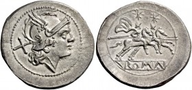 Denarius circa 214-213, AR 4.49 g. Helmeted head of Roma r.; behind, X. Rev. Dioscuri galloping r.; in exergue, ROMA partially incuse on raised tablet...